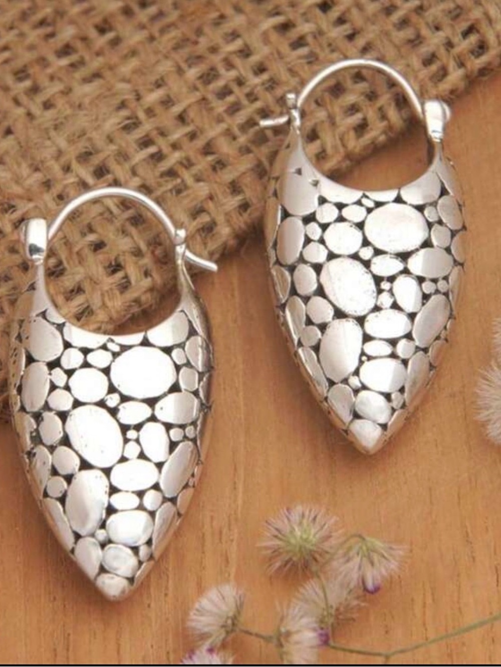 Silver Textured Teardrop Hoop Earrings